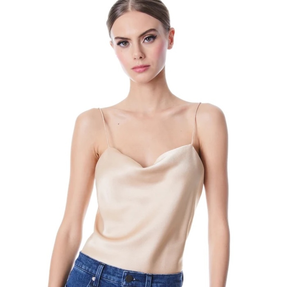 Alice and Olivia Harmon Drapey Silk Tank, Almond, size XS